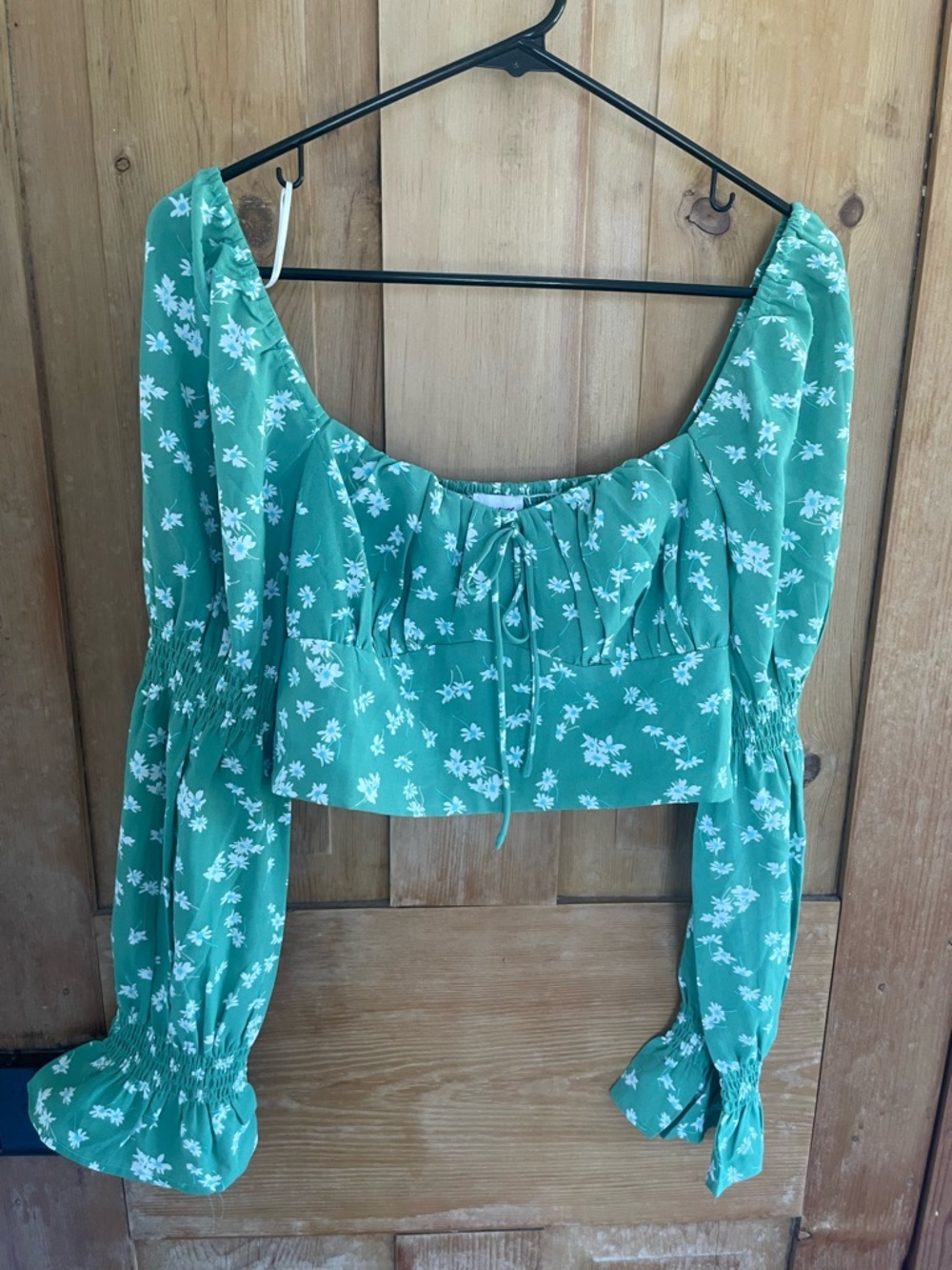 Princess Polly Green Floral Tie-Front Long Sleeve Crop Top